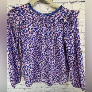 J Crew Cobalt Blue Pink Ditzy Cottagecore Romantic Sweet Long Sleeve Blouse XS